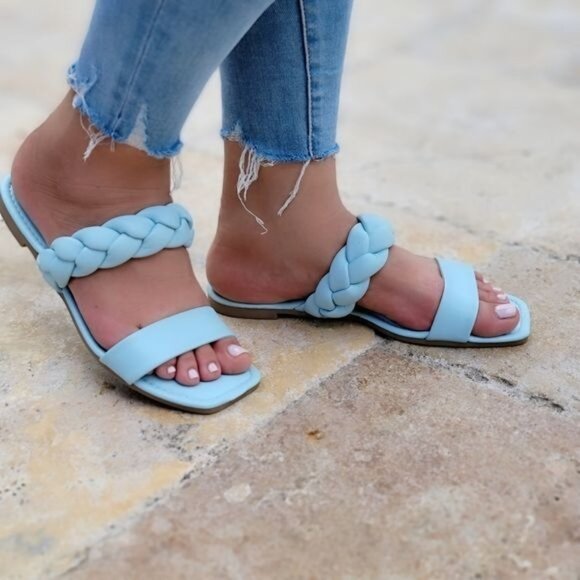 Blue Two Band Braided Flat Sandals - Picture 1 of 5